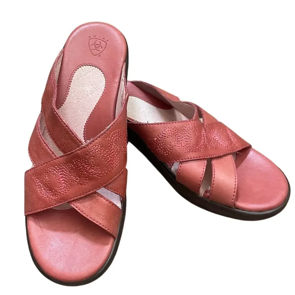 Ariat Leather Slip On Wedge Heel Crossed Decorative Straps Pink Sandals Size 7